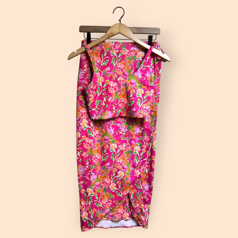 RESA Revolve Colorful Pink Floral 2pc Outfit Tank & Wrap Skirt Summer Women S